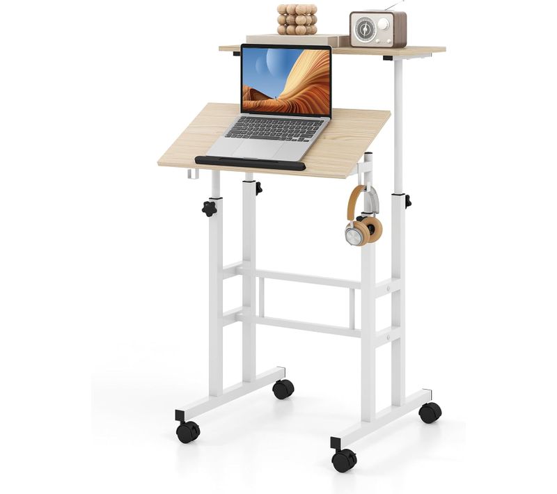 Bureau Debout Mobile, Chariot Pour Ordinateur Portable à Hauteur Réglable  (blanc + Naturel)
