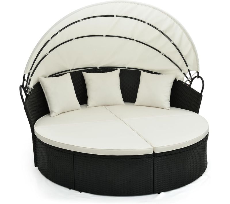 Lit De Jardin Rond En Rotin Pe Avec Auvent Rétractable, Charge 360kg, Blanc Cassé