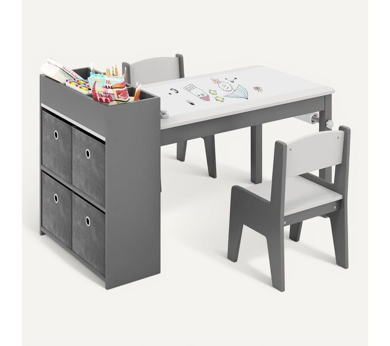 Bureau Enfant En Bois Avec 2 Chaises Et Rouleau De Papier, Table Enfant, Charge 50/60kg (gris)