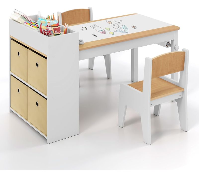 Bureau Enfant En Bois Avec 2 Chaises Et Rouleau De Papier, Table Enfant, Charge 50/60kg (naturel)