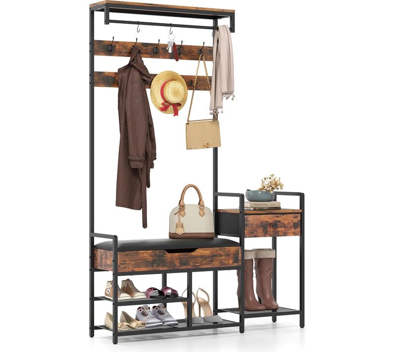 Meuble Entree Porte Manteau, Meuble à Chaussures, 9 Patères Double, Marron Rustique