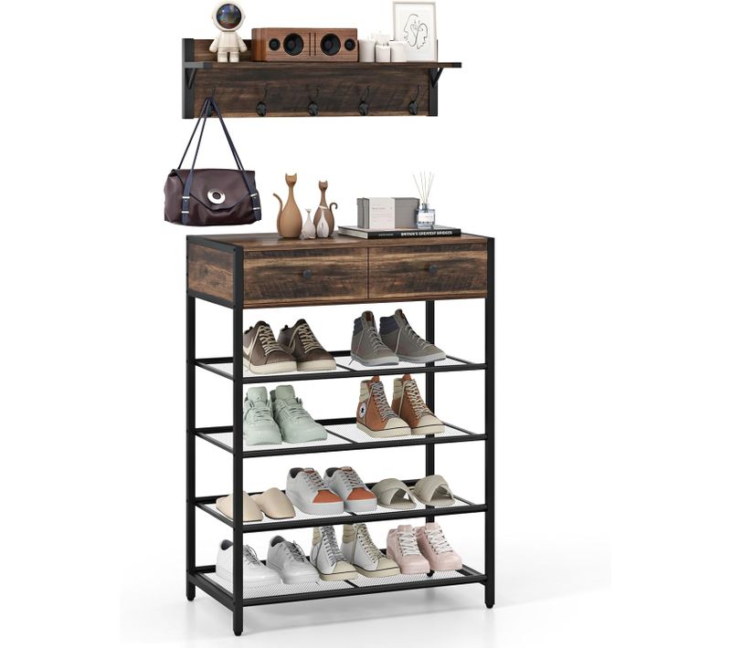 Ensemble De Meuble Entree Porte Manteau Mural, Étagère à Chaussures 4 Niveaux, 2 Tiroirs, 5 Crochets