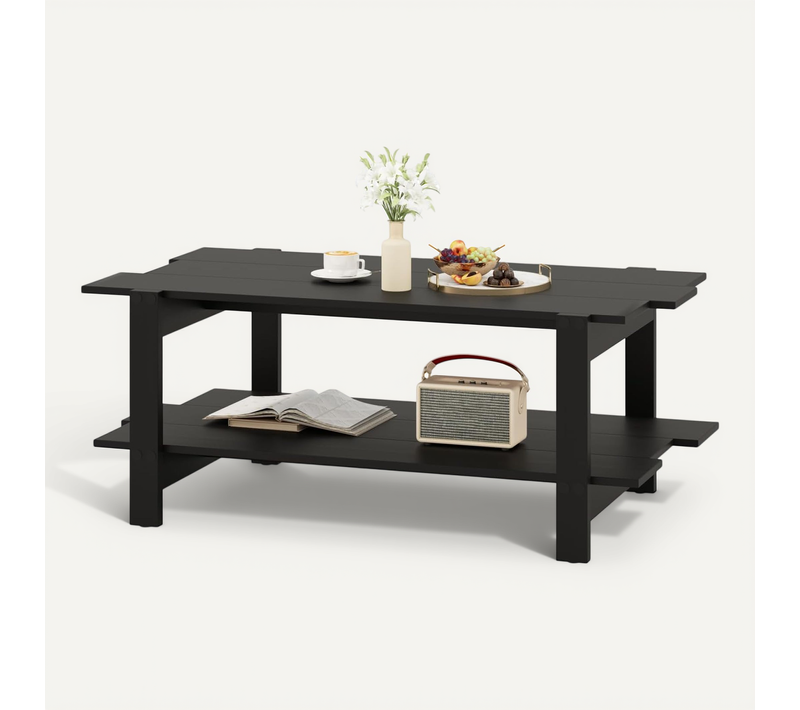 Table Basse 2 Niveaux, Design Lattes, Montage Facile, 115 X 59 X 46 Cm (noir)