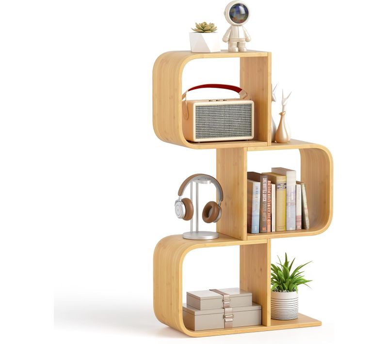 Bibliothèque En Forme De 's' à 3 Niveaux, Etagère En Bambou Avec 3 Cubes Ouverts, Naturel