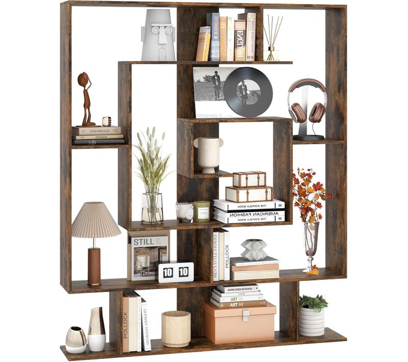 Bibliothèque à 7 Niveaux, Bibliothèque Géométrique Avec 2 Kits Anti-basculement (marron Rustique)