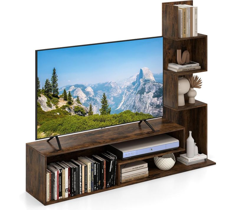 Meuble TV Cubique, Bibliothèque En L Pour Télé 50", 7 Étagères Ouvertes (marron Rustique)