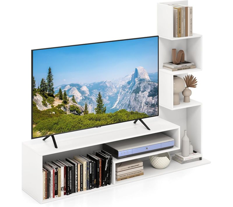 Meuble TV Cubique, Bibliothèque En L Pour Télé 50", 7 Étagères Ouvertes, Étagère Colonne (blanc)
