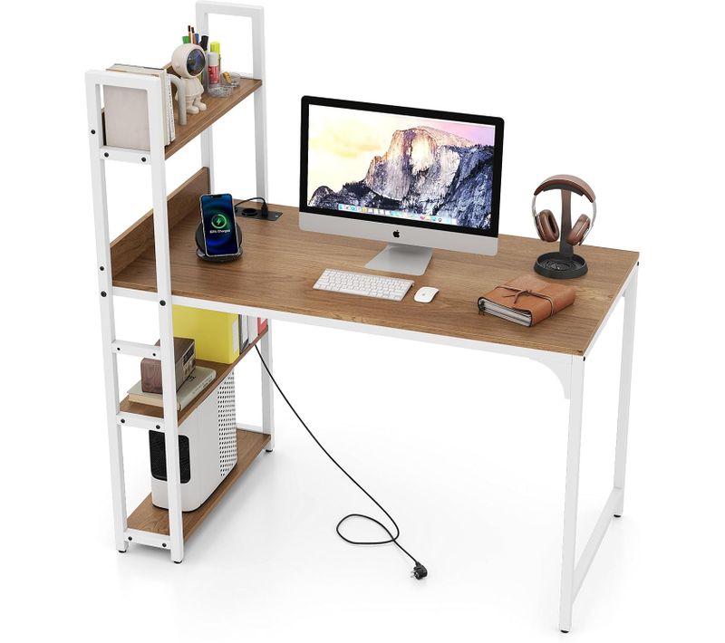 Bureau D'ordinateur Avec Multiprise, Table D'étude De 120 Cm Avec Bibliothèque (naturel)
