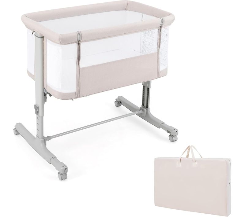 3 En 1 Lit Cododo Bébé Avec Matelas Et 5 Hauteur Réglable, Lit Bébé Evolutif, 84x48x80cm (beige)