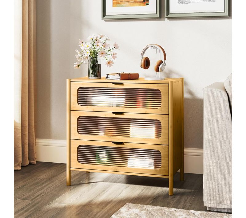 Commode Bois 3 Tiroirs, Commode Chambre Adulte En Bambou, Tiroirs En Verre Trempé Rayé,80x40x78,5cm