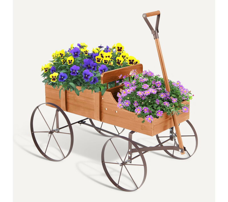 Brouette Décorative En Bois Avec 2 Compartiments à Planter, Jardinière Avec Roues (orange)