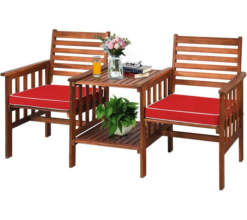Salon De Jardin En Bois Acacia Avec Table Basse 2 Chaises, Ensemble De Meubles Avec Coussin (rouge)