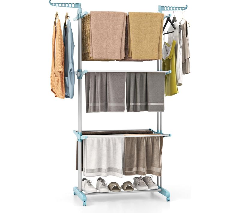 Sechoir à Linge Pliable 3 Niveaux, Étendoir Linge à Roulettes En Métal (bleu Clair)