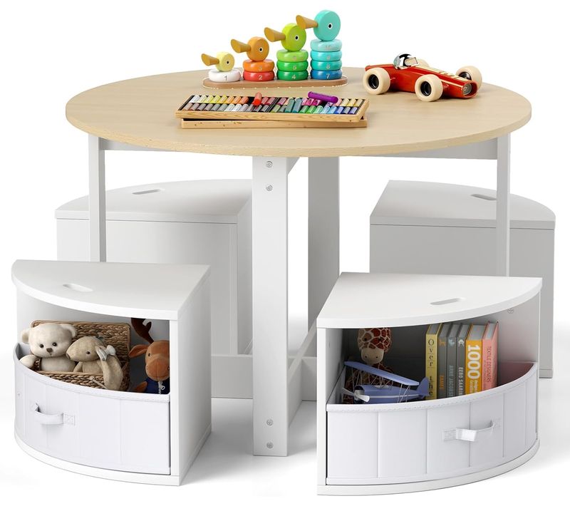 Table Enfant Avec 4 Chaises Empilables, Table De Dessin En Bois Avec 4 Tiroirs En Tissu (naturel)