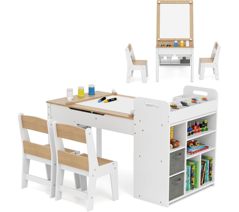 Bureau Enfants En Bois Avec 2 Chaises Et Plateau Rabattable Et Étagères Ouvertes (naturel)