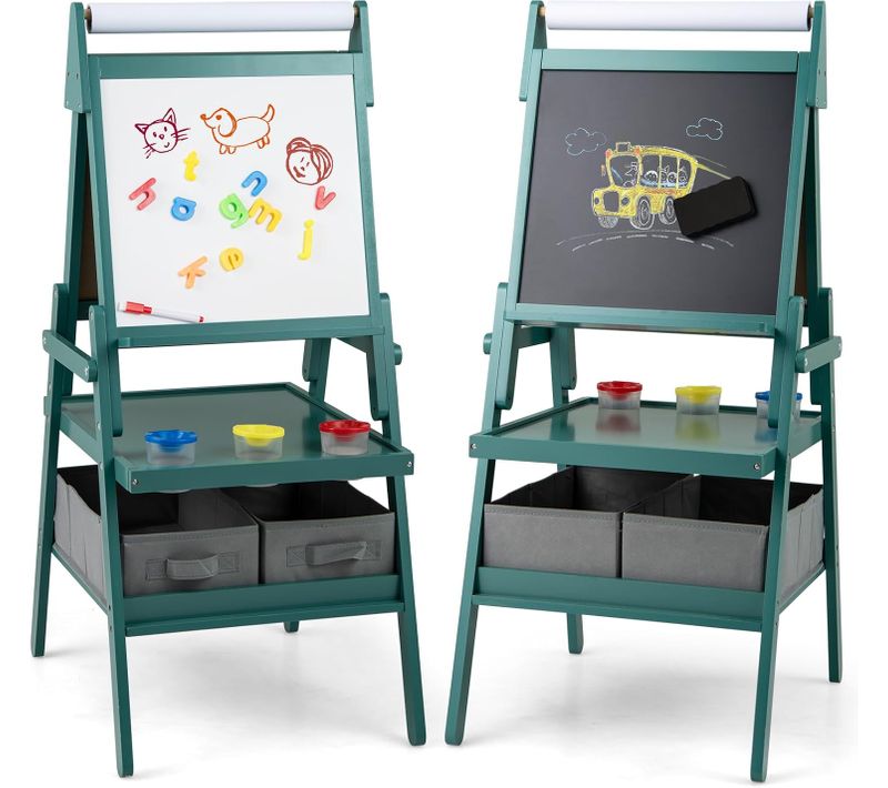 3 En 1 Chevalet D'art Enfant Avec Tableau Noir Et Blanc Magnétique, Tableau Enfant Double Face, Vert