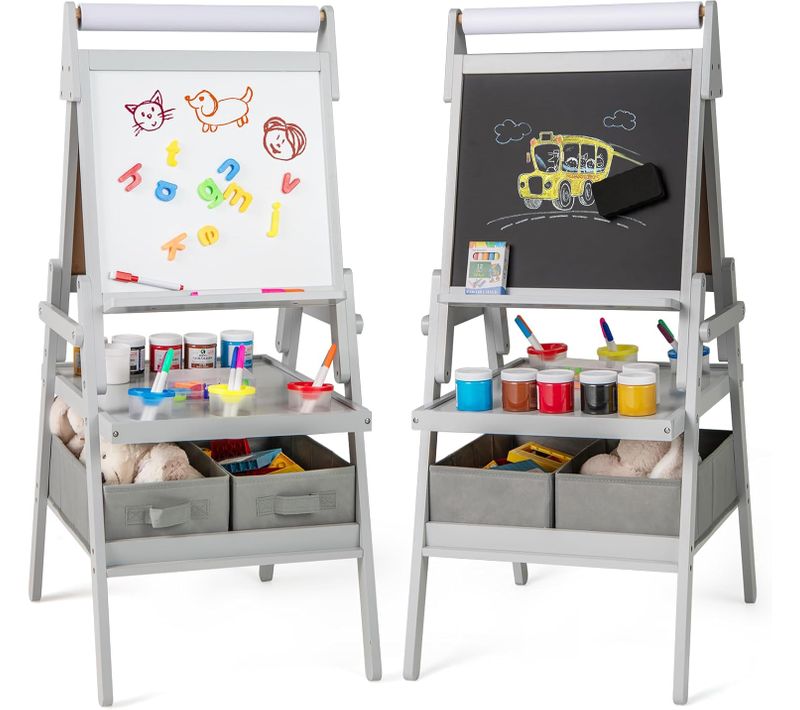 3 En 1 Chevalet D'art Enfant Avec Tableau Noir Et Blanc Magnétique, Tableau Enfant Double Face, Gris