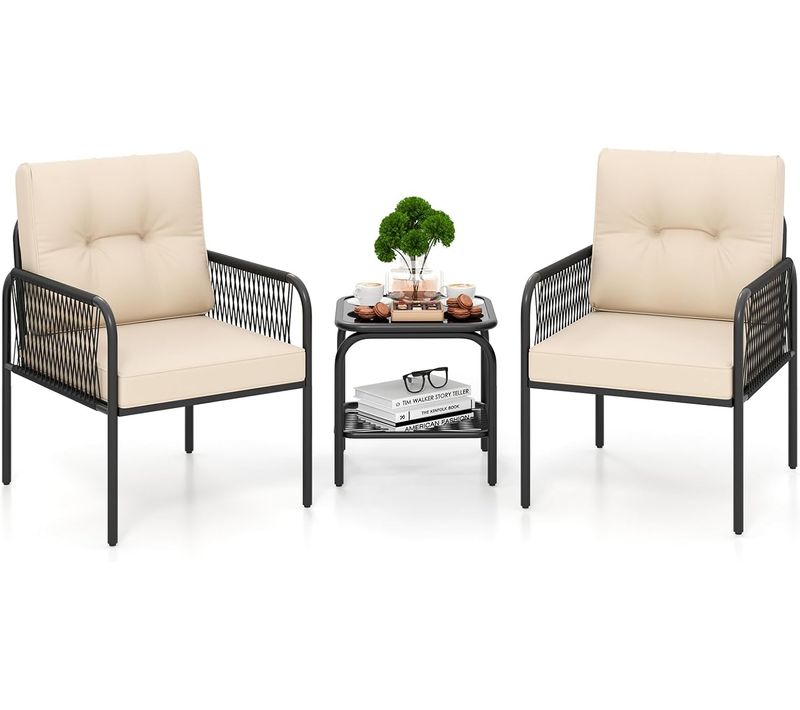 Ensemble De Meubles 3 Pièces De Patio En Rotin Pe, Salon De Jardin 2 Fauteuils Table Basse