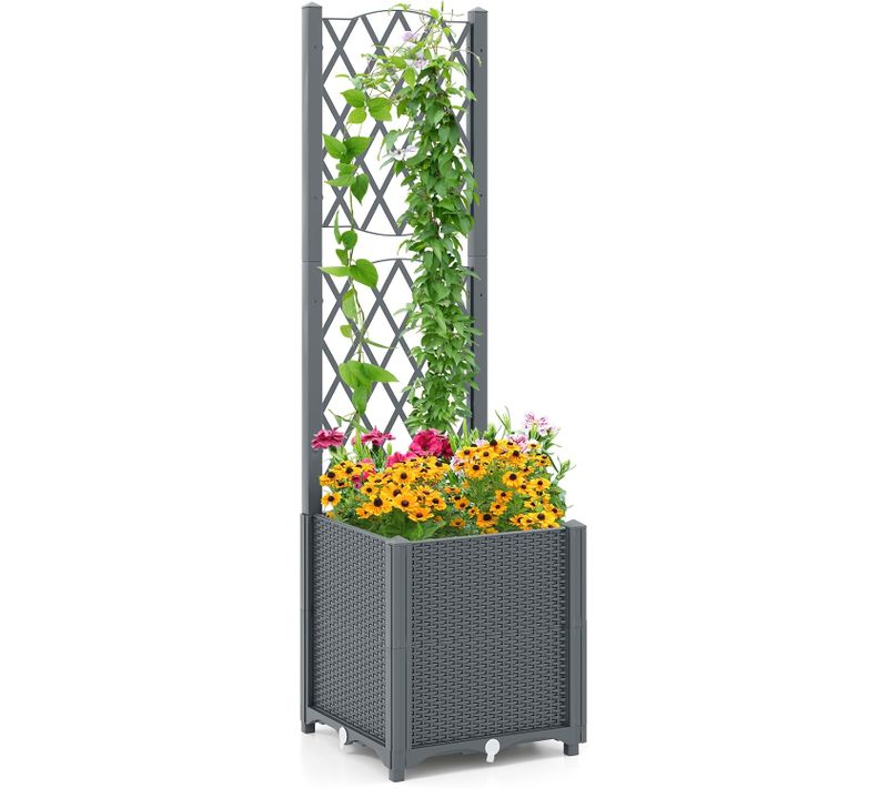 Jardinière Avec Treillis Sur Pied, Bac De Plantation Auto-arrosage En Rotin Pp, Gris, 40x40x140 Cm