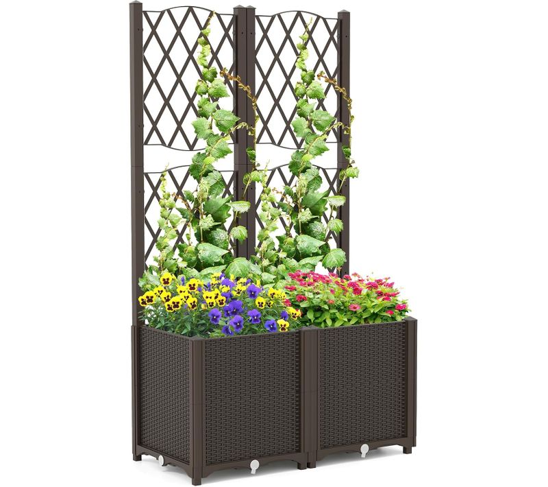 Jardinière Avec Treillis Sur Pied, Double Bac De Plantation Auto-arrosage, Café, 80 X 40 X 140 Cm