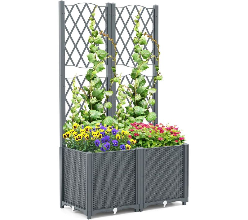 Jardinière Avec Treillis Sur Pied, Double Bac De Plantation Auto-arrosage, Gris, 80 X 40 X 140 Cm