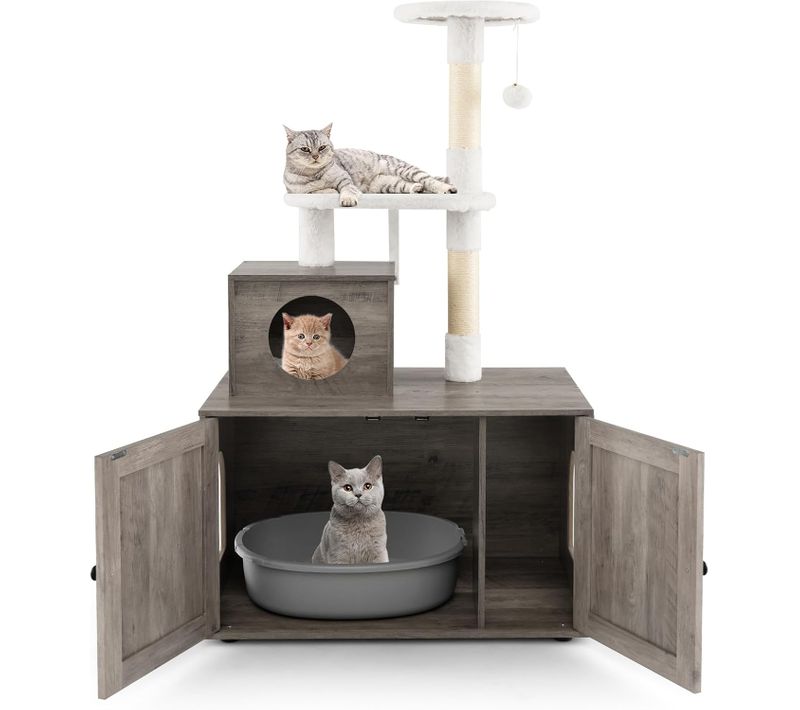 Arbre à Chat Litiere Intégrée, Tour Pour Chats Avec Cache-litiere, 2 Plateformes (132 Cm,ivoire)