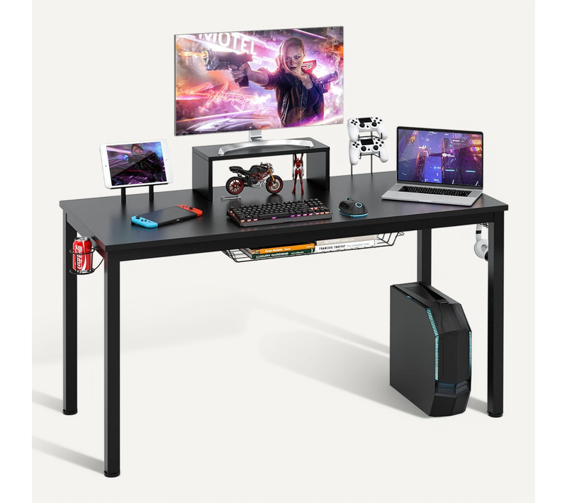 Bureau Ordinateur, Bureau Gaming, Gamer Table Avec Etagère Pour Ecran, 140 X 60 X 74 Cm