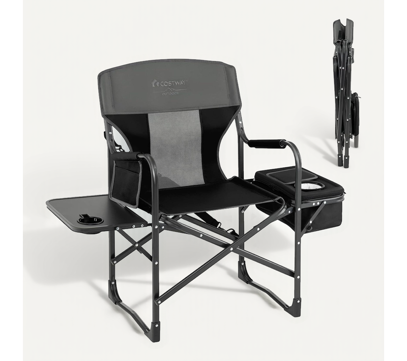 Chaise De Camping Pliante Avec Table Latérale Et Sac Isotherme Charge 180kg (noir)