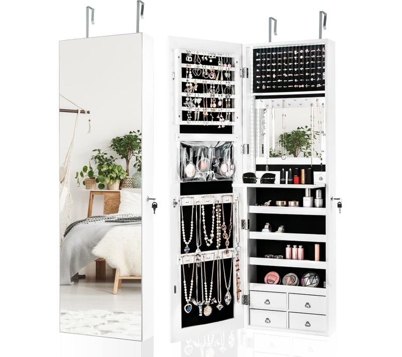 Armoire à Bijoux Murale/à Suspendre Avec Lumières LED 4 Tiroirs, 4 Etagères (blanc)
