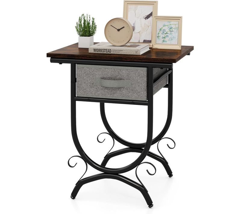 Table D'appoint Canapé Avec Tiroir En Tissu, Chevet De Lit 2 Niveaux, Plateau En Bois