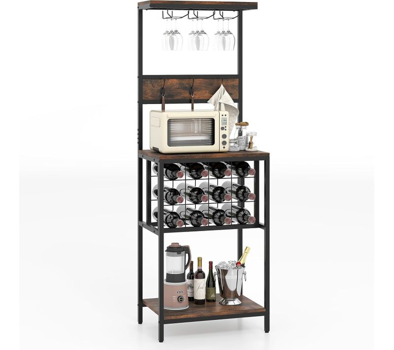 Casier à Vin, Casier à Bouteilles à 3 Niveaux Avec 3 Porte Verre, 37 X 54 X 156 Cm, Brun Vintage