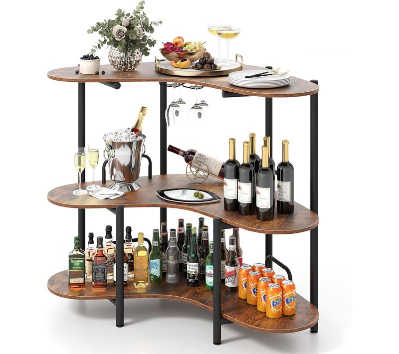 Table De Bar 3 Niveaux, Bar D'angle Avec 2 Supports à Verres à Pied, Mini Table Cuisine 4 Personnes