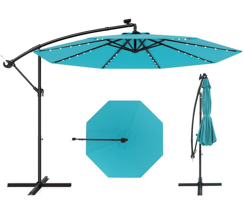 Parasol Déporté 3m Hexagonale, Avec 40 LED Solaire, Inclinable, 8 Baleines En Métal (turquoise)