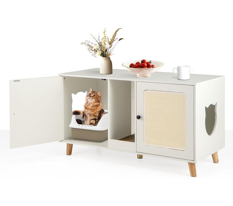 Meuble Litiere Chat En Bois, Tapis à Griffer Amovible, Trous Latéraux, 108 X 50 X 60 Cm (blanc)