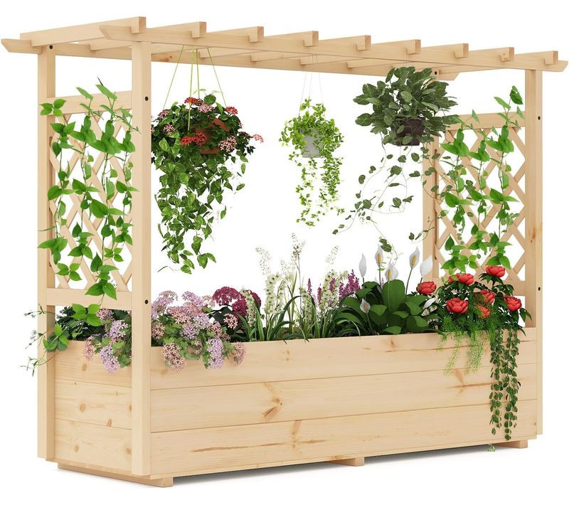 Jardinière Avec 2 Treillis Latéraux Toit Suspendu En Bois Massif, Naturel (148,5 X 50 X 103,5 Cm)