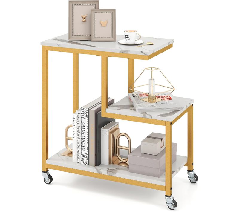 Table D’appoint, Bout De Canapé à Roulette, Effet Marbre, Etagères Ouvertes,roulettes Verrouillables