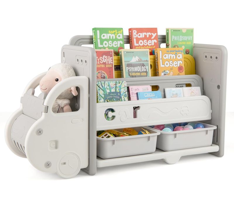 Bibliothèque Enfant En Hdpe Avec Forme Voiture Et 2 Boîtes, Étagère à Livres à 3 Niveaux