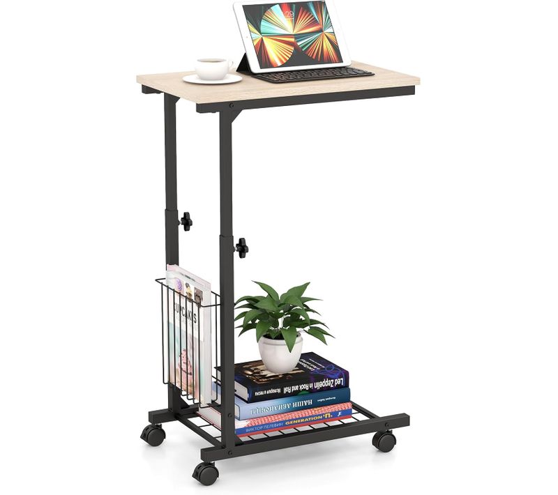 Table D'appoint à Roulettes, Bout De Canapé En Forme De C Avec Porte-revues, Table De Lit à Roulette