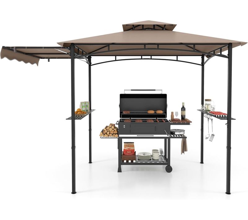 Tonnelle De Barbecue 318 X 153 Cm Avec Auvent Latéral, Abri Barbecue Cadre En Métal，brun