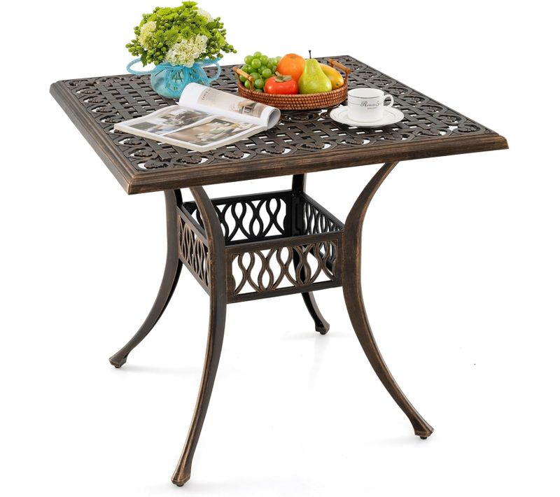 Table Jardin Carrée Antique 80 Cm 4 Personnes, Table De Patio Avec Trou Pour Parasol 4,8 Cm, Bronze