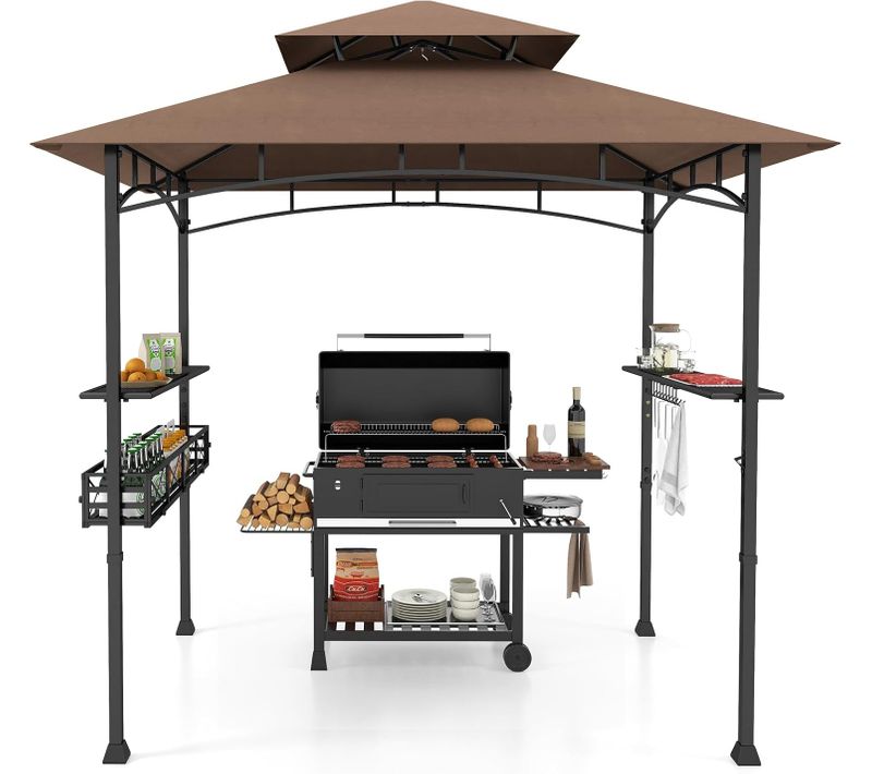 Tonnelle De Barbecue 242 X 153 Cm Avec 2 Etagères Latérales, Abri Cadre En Métal，brun