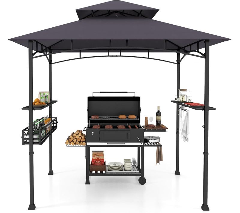 Tonnelle De Barbecue 242 X 153 Cm Avec 2 Etagères Latérales, Abri Cadre En Métal,gris Foncé
