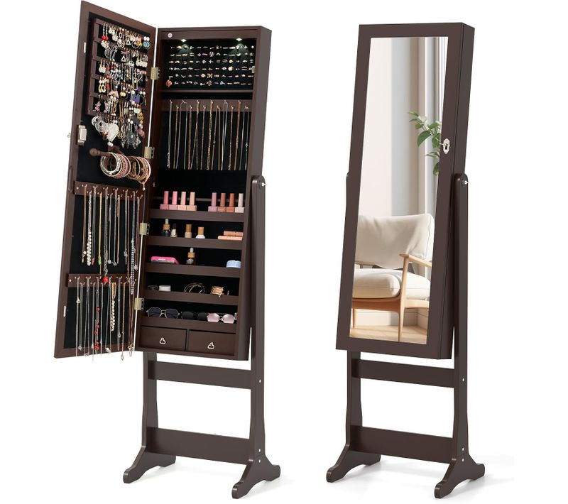Armoire à Bijoux Sur Pied Avec Miroir, 2 Lumières LED, 4 Positions Réglables (brun)