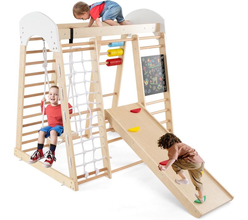 7 En 1 Aire De Jeux Intérieure En Bois Enfant Avec Tableau Noir et Balançoire, Pour Bébé De 3 Ans+