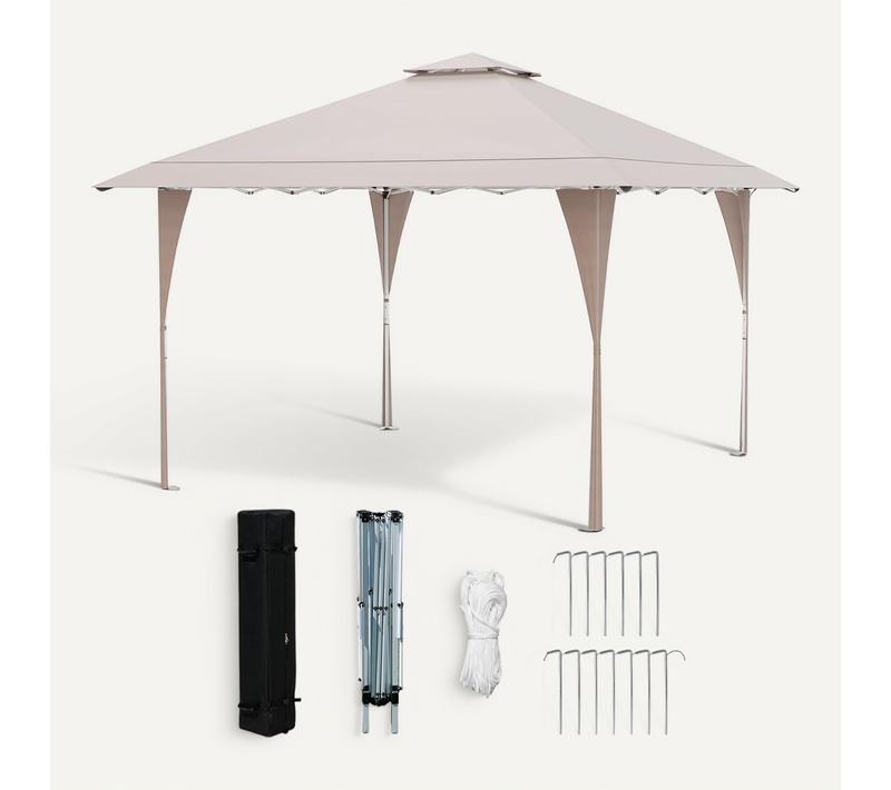 Tonnelle De Jardin Pop-up Toit Aéré 395x395cm, Tente Réception Instantané, Kaki