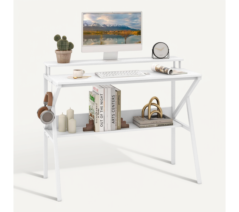Petit Bureau, Bureau Compact Avec Support Pour Moniteur, Crochet Et Étagère De Rangement, Blanc