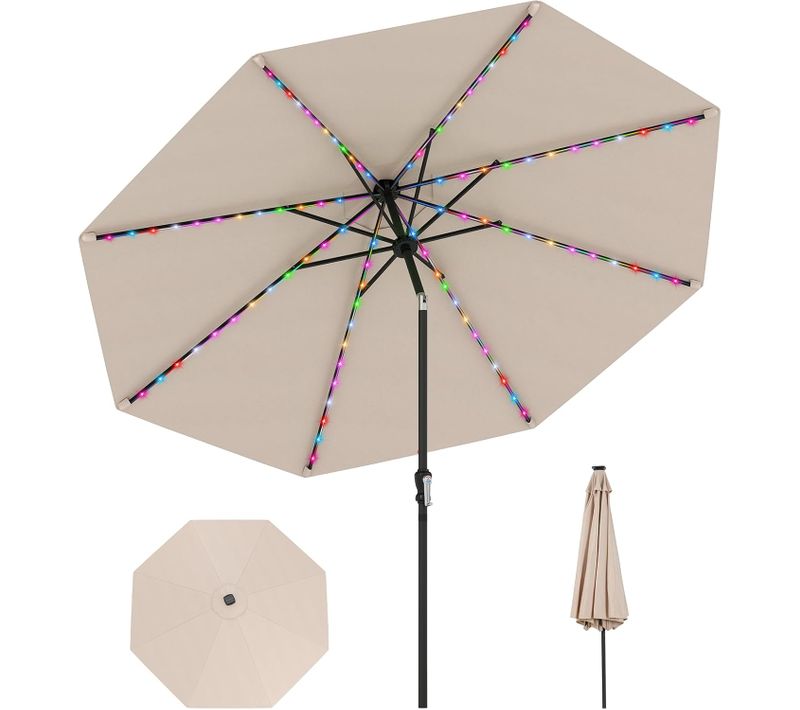 Parasol De Jardin Exterieur 300 Cm, 96 Lumières LED , Inclinaison à Bouton-poussoir (beige)