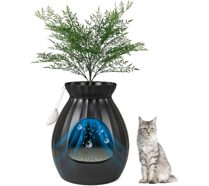 Bac Litiere Pour Chat XXL Avec Plante Artificielle Verte, Galets, Pelle à Litière (noir)