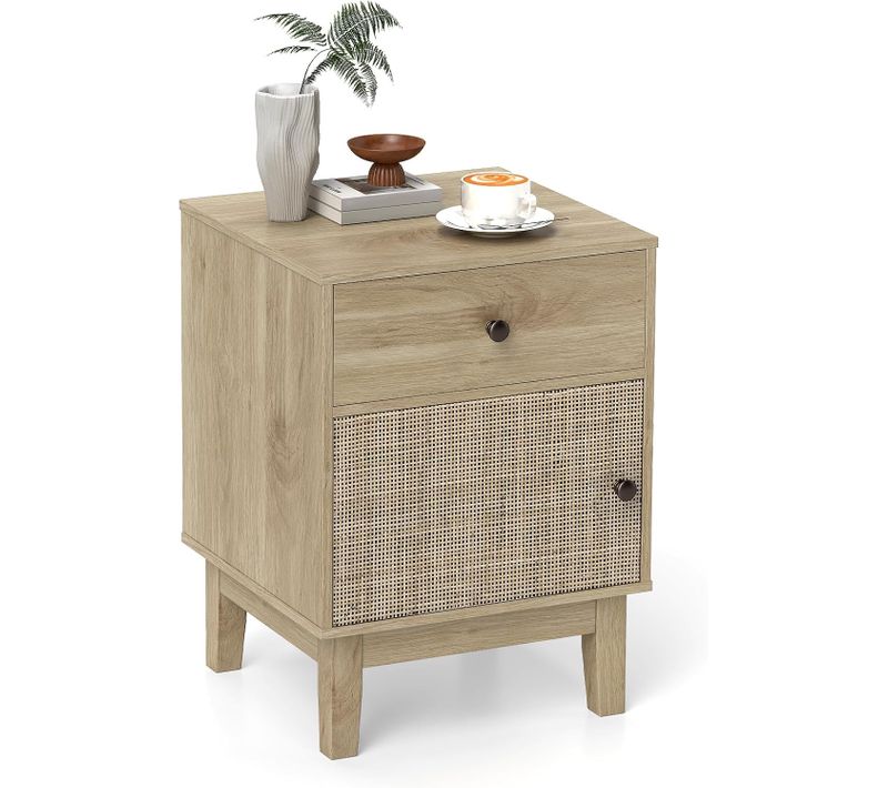 Table De Chevet Bois,table De Nuit Rotin Avec Tiroir,petite Armoire, Chevet De Lit Bohème(1,naturel)