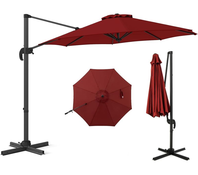 Parasol Déporté 3m, Pied Et Manivelle, Anti-uv, Pivotant à 360°, Poteau En Aluminium (bordeaux)